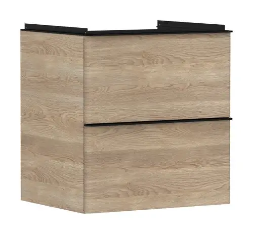 Waschtischunterschrank in Holzoptik mit zwei Schubkästen, geeignet für Waschtisch. Aus der Produktreihe von Hansgrohe, funktional und schlicht gestaltet.